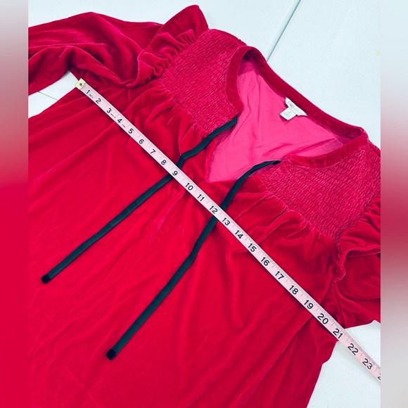 Cato Velvet Peasant Top Pink Ruffle Trim Smocked Neckline Black Tie Closure L - Picture 5 of 10